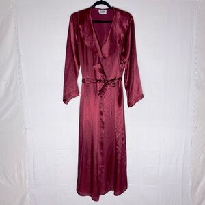 Vintage East West Intimates Burgundy Satin Long Wrap Robe W Ruffle Collar L
